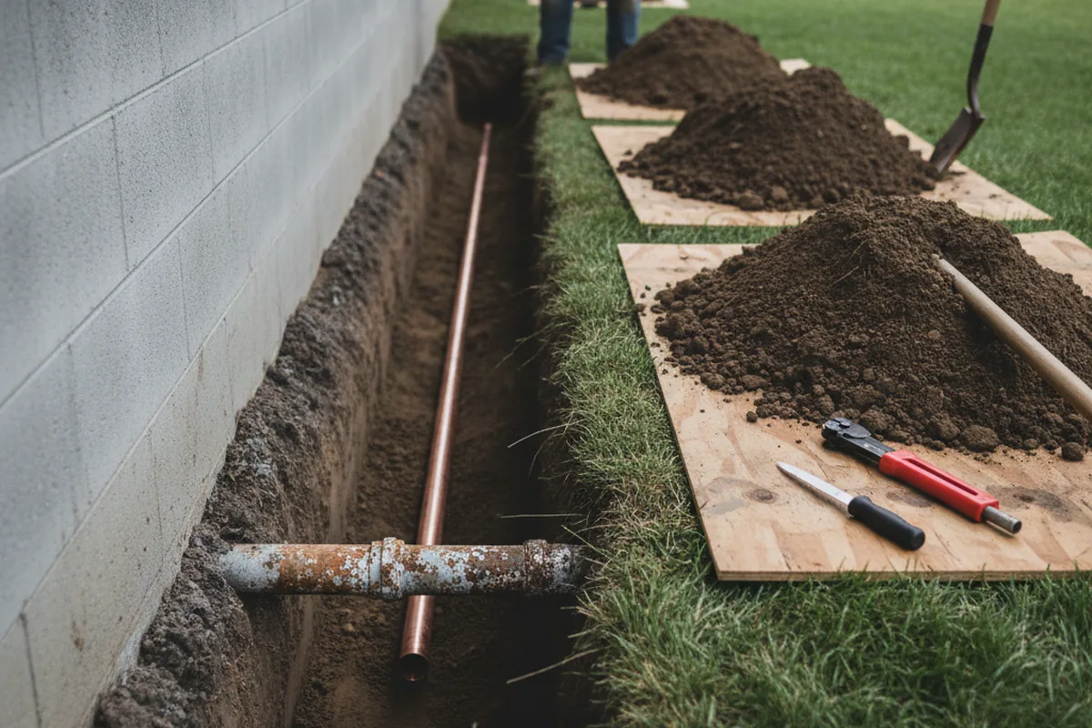 Excavated water line trench during Water Heater Repair in Saginaw